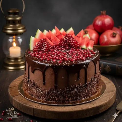 کیک شکلاتی با تزئین میوه انار و هندونه
