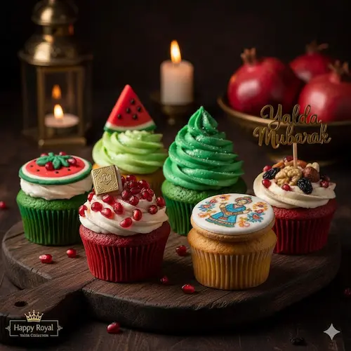 کاپ کیک های یلدا با تزیین انار و هندونه